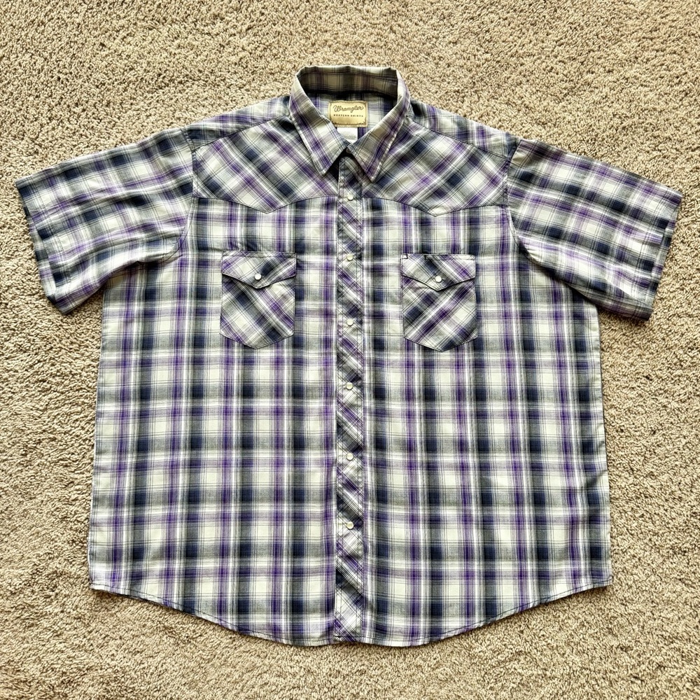 Wrangler Shirt Mens 2XL Western Pearl Snap Purple Gray Plaid Short Sleeve Button
